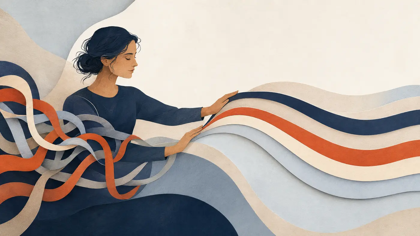 Editorial illustration of a person steadying several flowing ribbons of attention and emotion