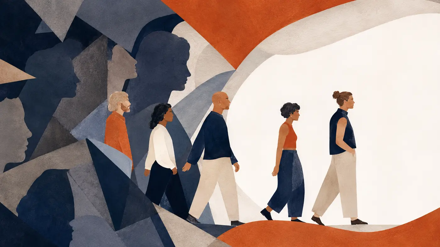 Editorial illustration of diverse figures moving through layered social pressures into a shared open space