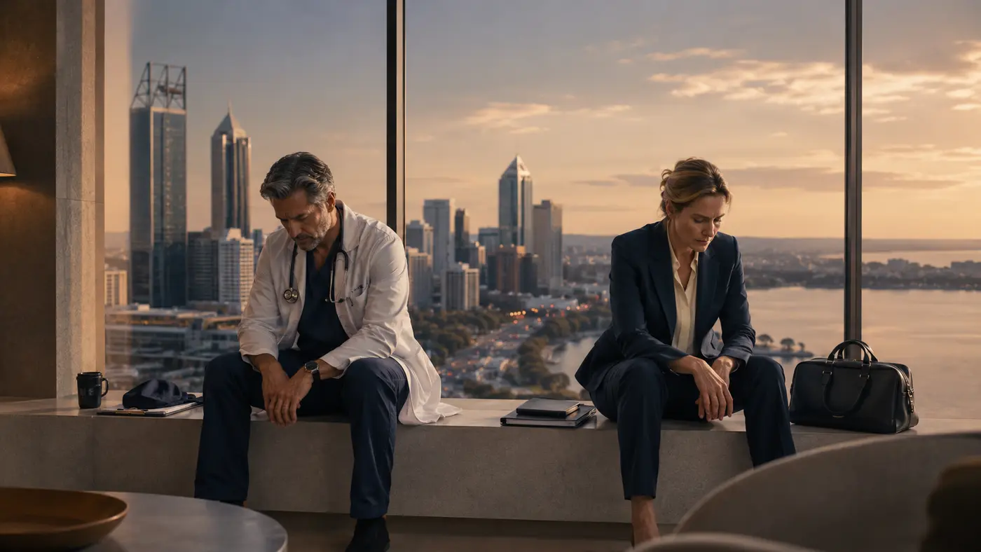 Editorial illustration of a doctor and executive carrying layered professional demands beside an open Perth city horizon