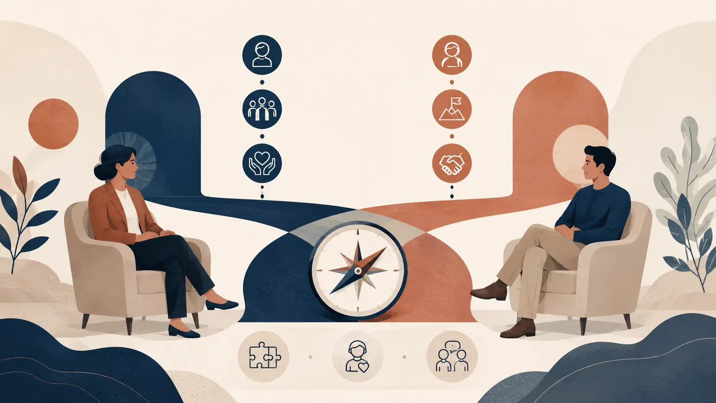 Axis editorial illustration about choosing the level of psychological training suited to a person’s needs