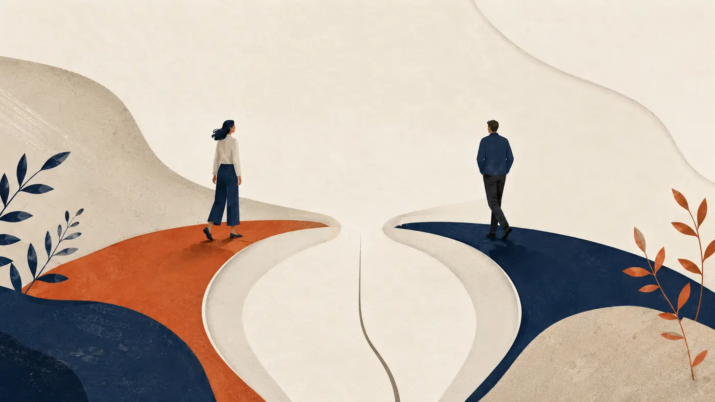 Editorial illustration of two people on opposite curved paths that reconnect through a shared central line