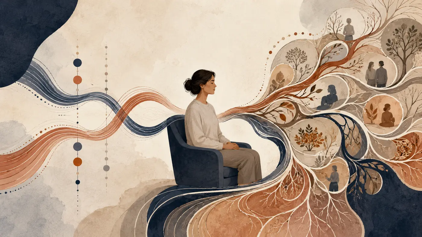 Editorial illustration of two therapeutic streams joining into one carefully mapped pathway