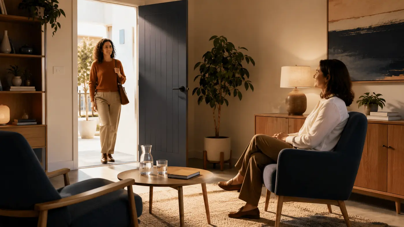 Editorial illustration of two people beginning a calm structured conversation in a private consulting room