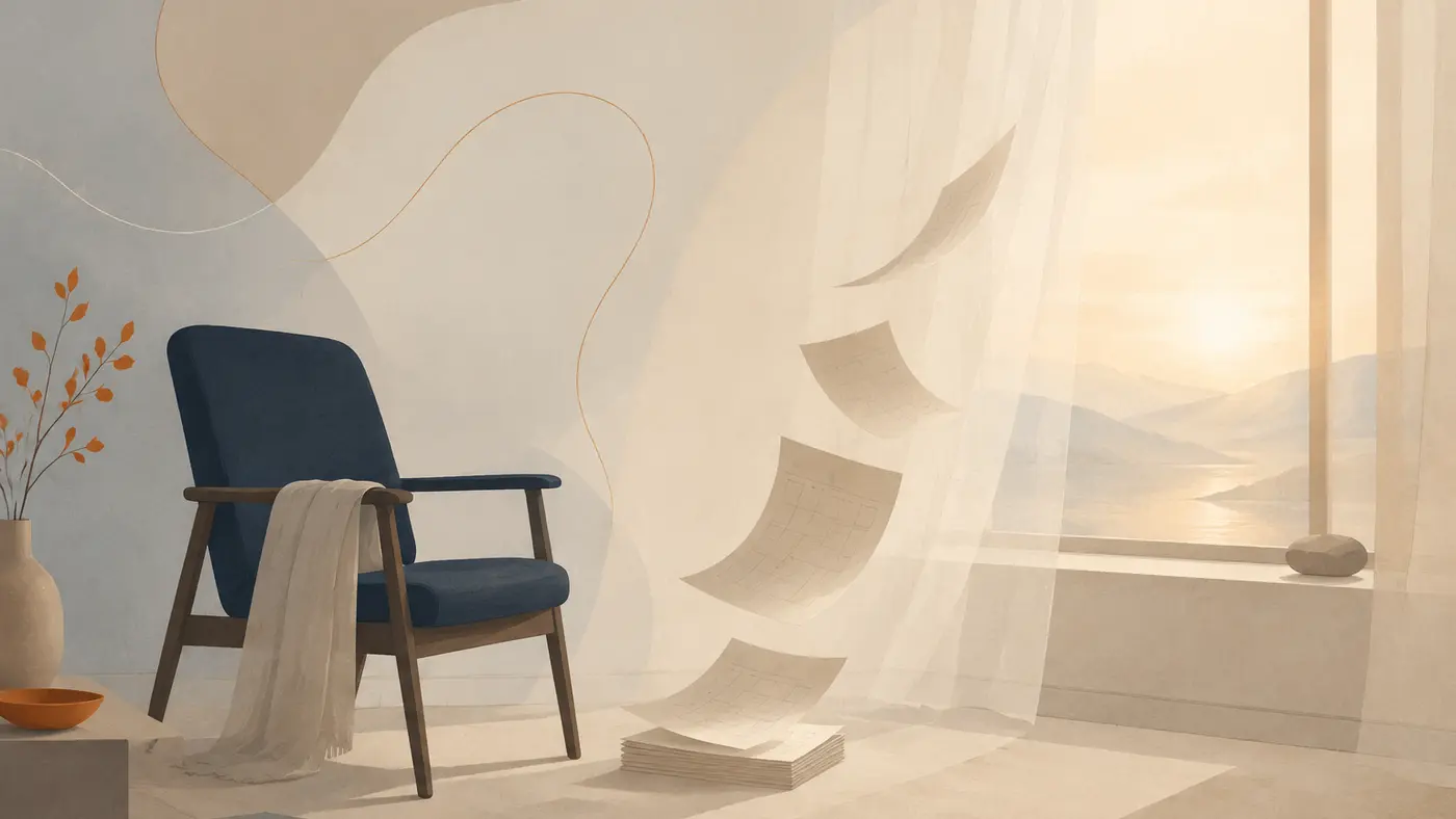 An empty navy chair beside a sunlit window while calendar pages move through warm light