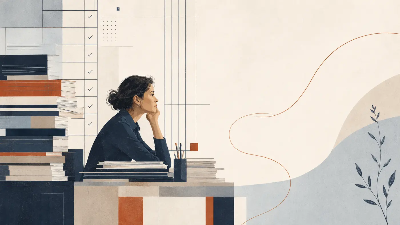 Illustration of a professional surrounded by ordered work, with a curved line opening into space