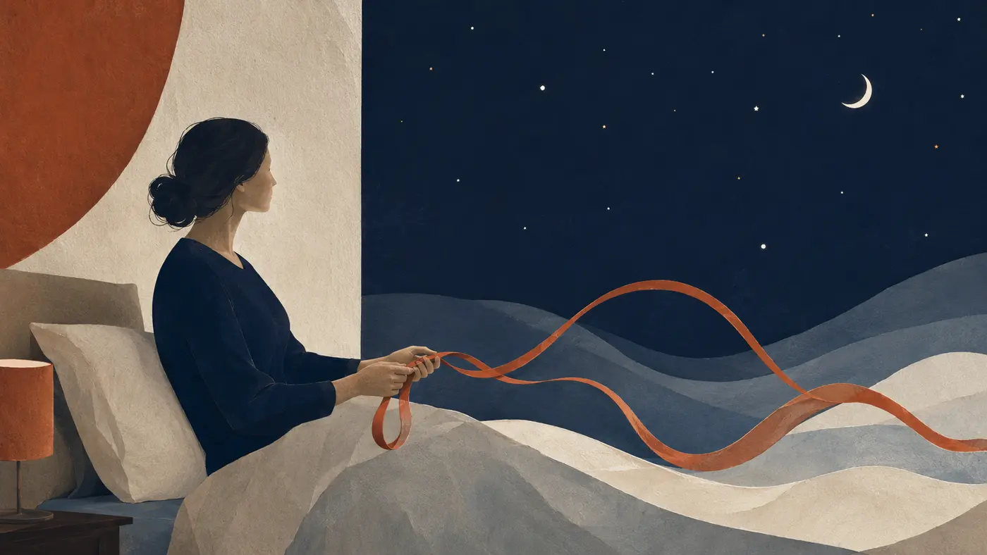 Editorial night illustration of a person releasing a tightly held ribbon into a calm dark sky