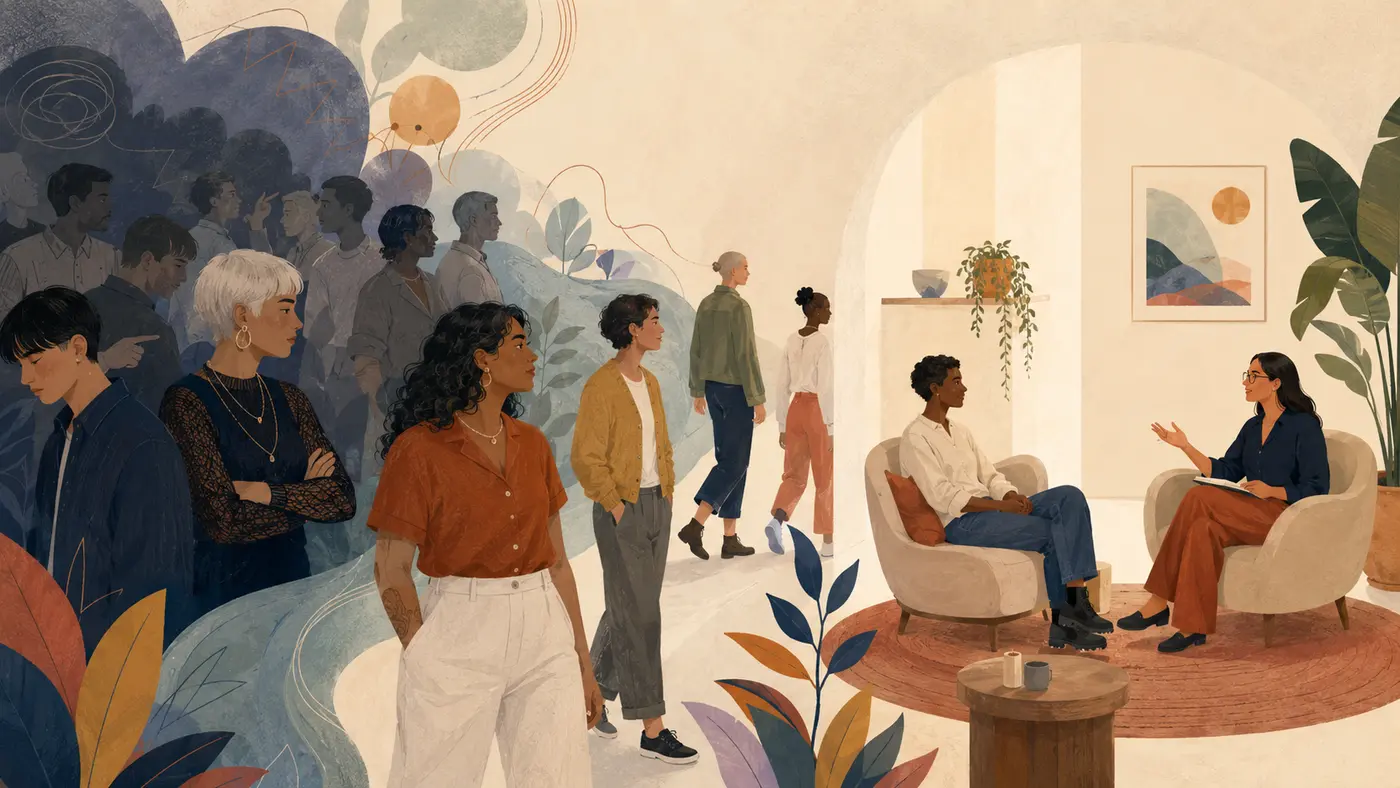 Editorial illustration of diverse LGBTQ people moving through layered social pressures into a private affirming space