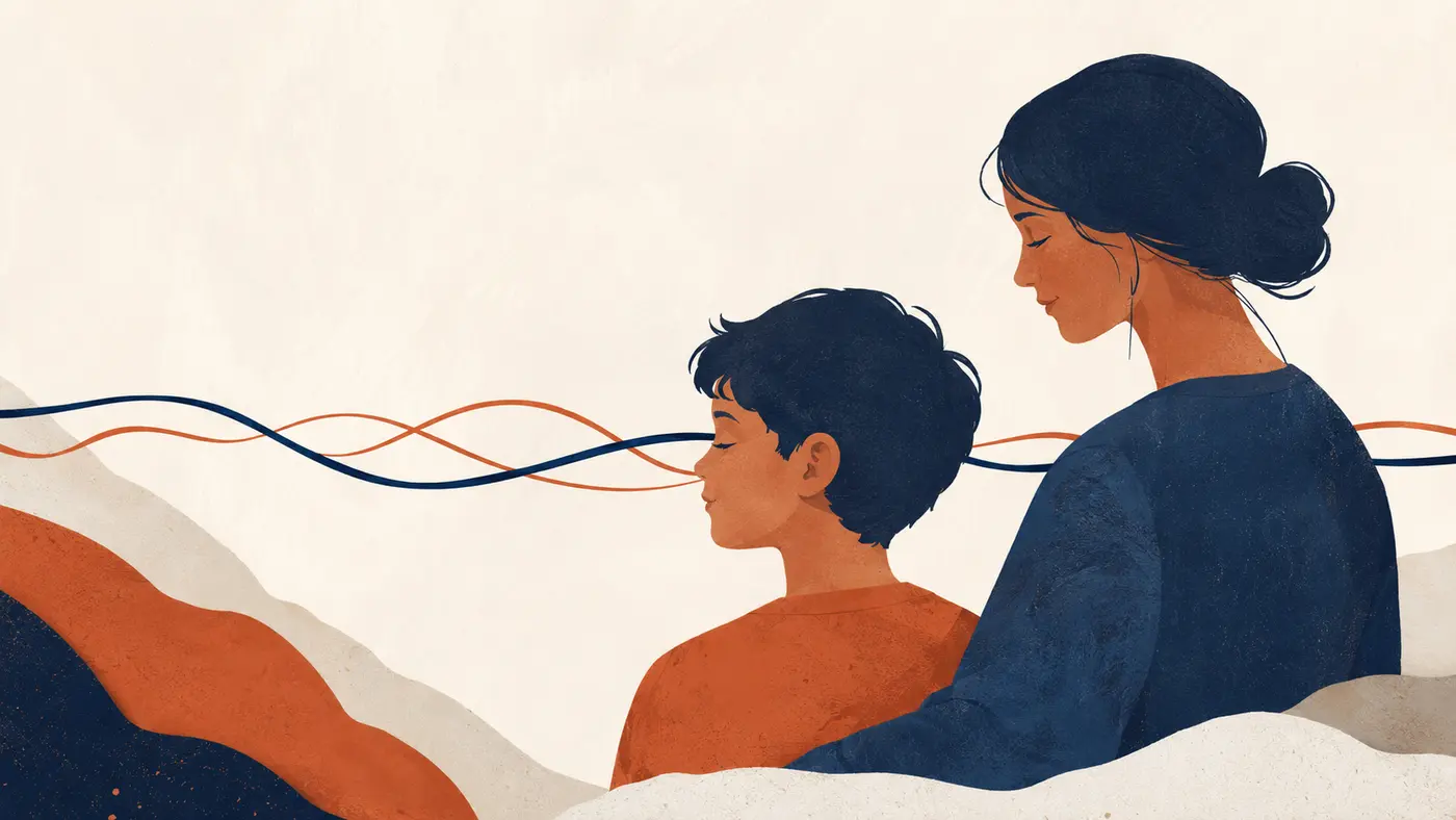 Editorial illustration of an adult and child connected by two flowing lines that gradually settle together