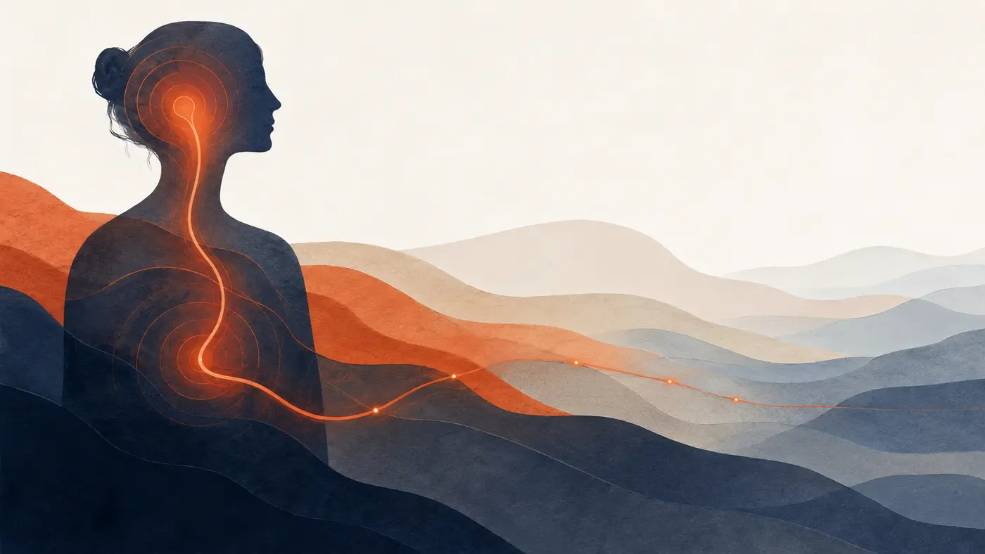 Editorial illustration of a warm signal travelling through layered body and landscape forms before becoming quieter