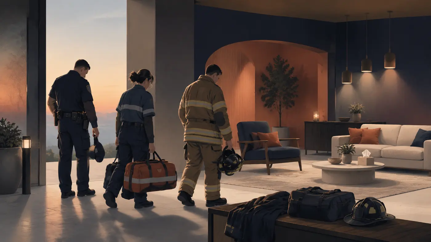 Editorial illustration of a first responder stepping from repeated alarm signals into a private steady space
