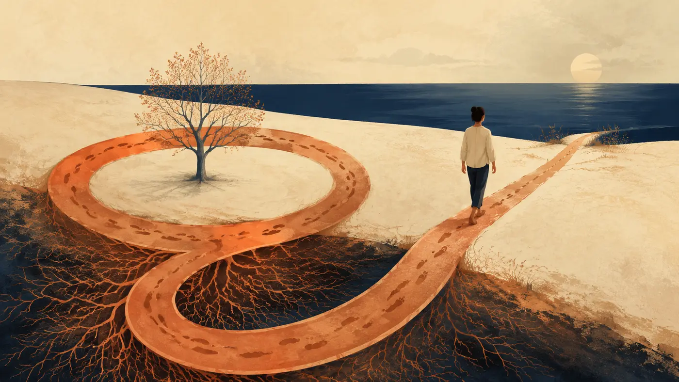 Editorial illustration of a person noticing a familiar looping path and beginning to make a different turn