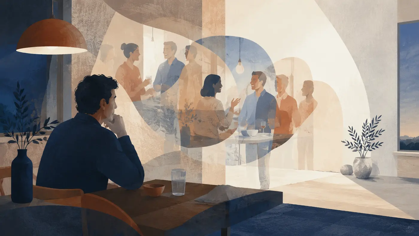 Editorial illustration of a person quietly reflecting while translucent fragments of an earlier social gathering loop through the room
