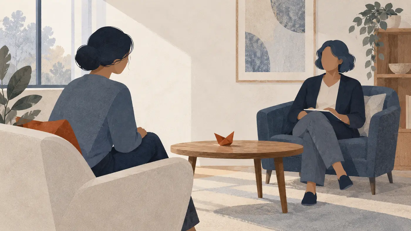 Editorial illustration of two people seated in a quiet therapy room with a small rust-coloured folded paper shape on the table between them