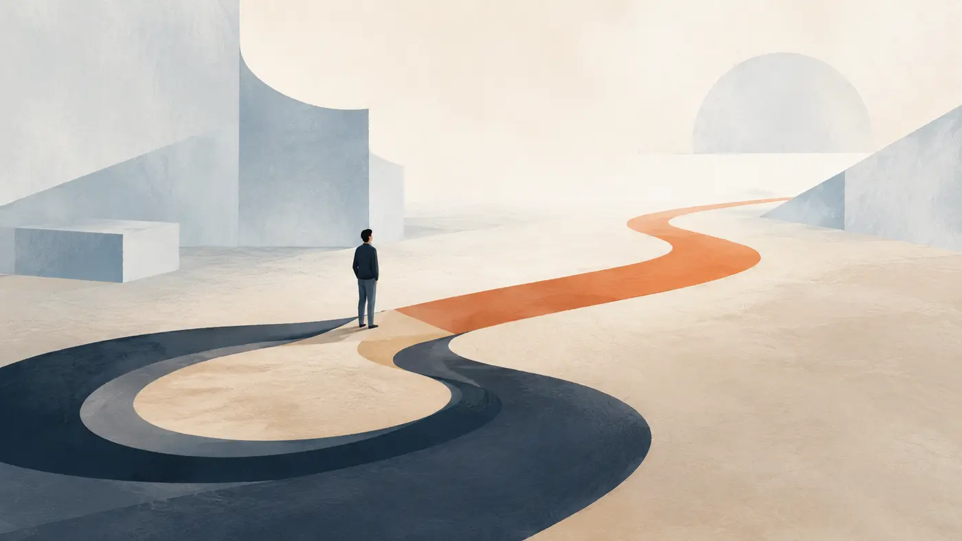 Axis editorial illustration of a person pausing where a looping path is being redrawn into a clearer direction