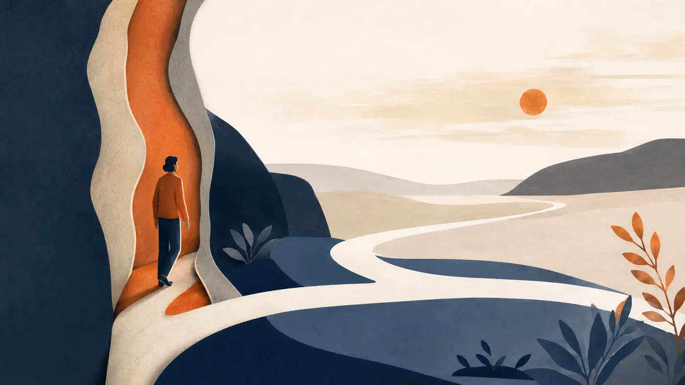 Editorial illustration of a protected figure moving from a narrowing path into a wider steady landscape