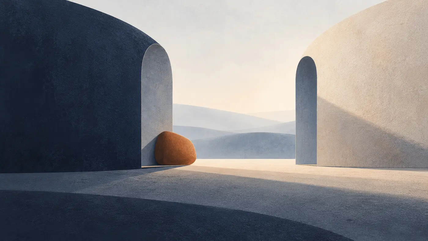 Abstract editorial illustration of two rounded shelter-like forms separated by open space, with a small rust-coloured stone resting near one threshold